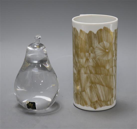 A Rosenthal small cylindrical vase and a Royal Krona glass pear tallest 14cm